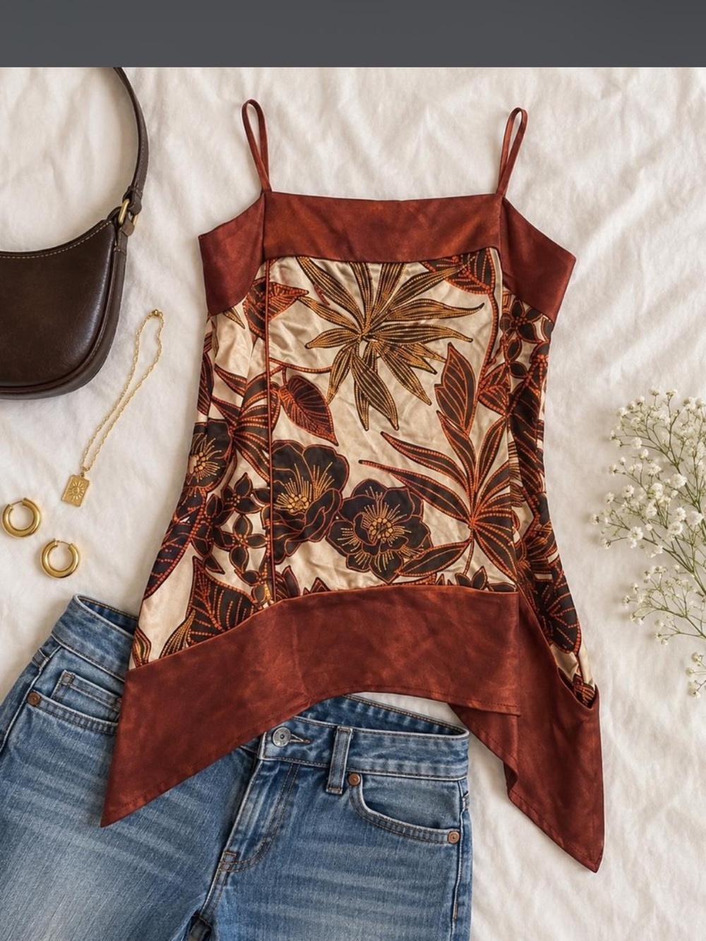 Dkny Rust and Cream Floral Satin Handkerchief Cami